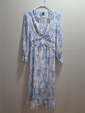 SHEIN White Maxi Dress with Blue and Yellow Floral Print and Ruffle Details